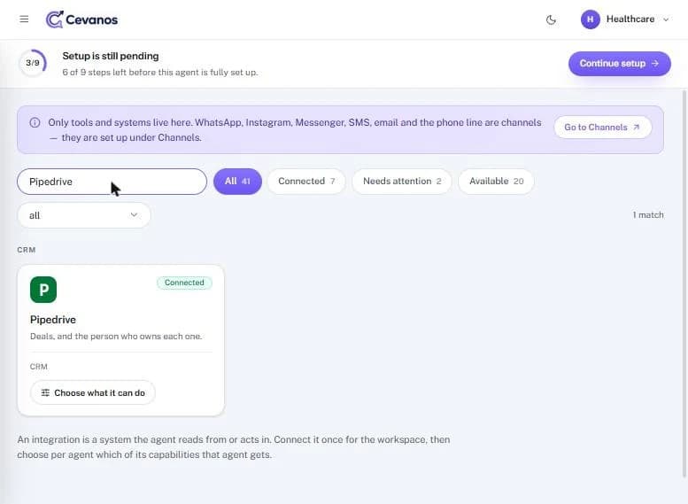 The Pipedrive card after connecting: “Connected” and “Choose what it can do”.