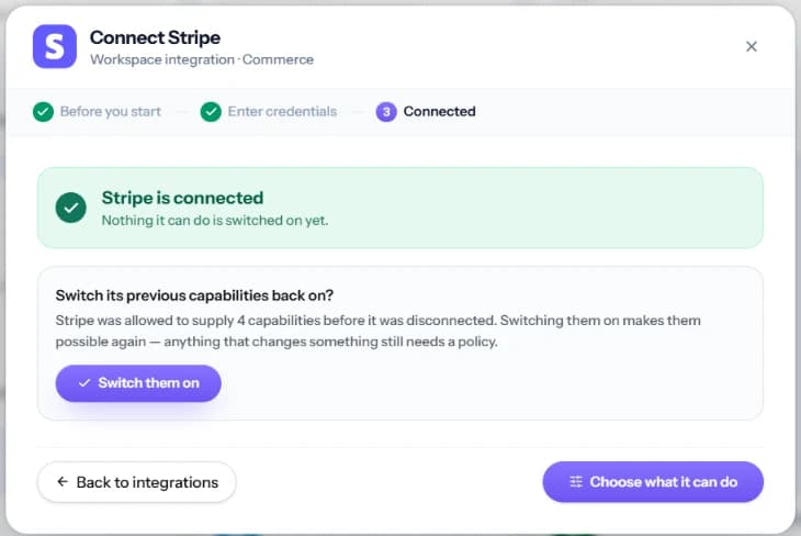 Connected, with the options for what to do next.