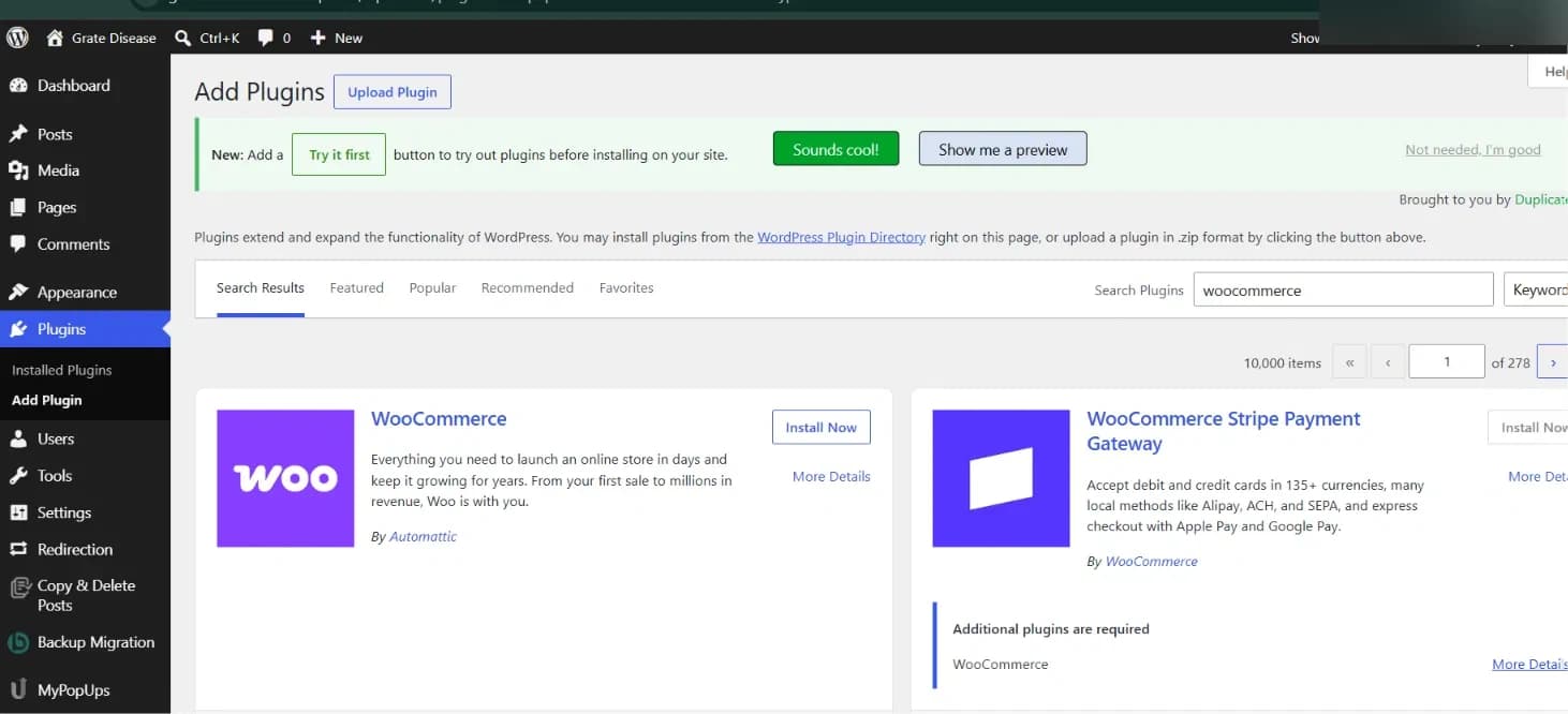 WordPress Plugins → Add Plugin, searching for WooCommerce.