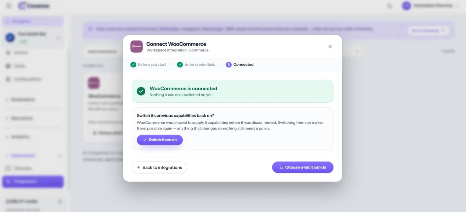 Connected, with the option to restore previously allowed capabilities.