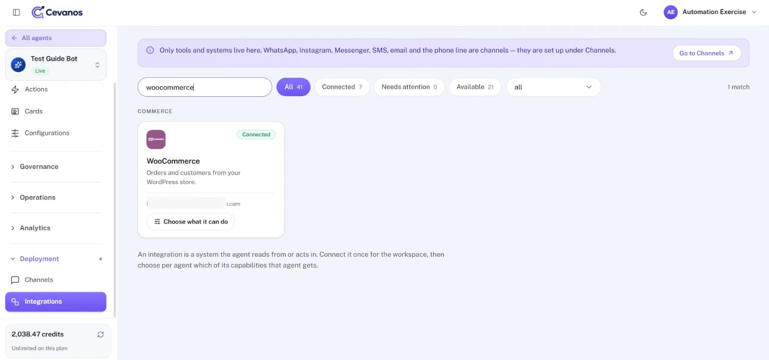 WooCommerce shows as Connected, with the store address hidden.