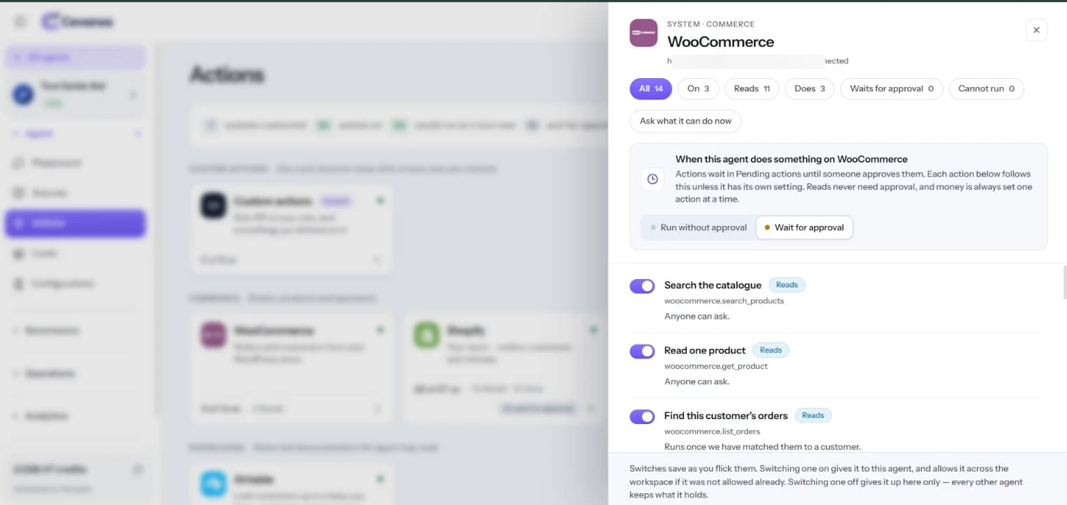 The WooCommerce panel on Actions: 14 actions, 11 reads and 3 that change something, with the approval setting.